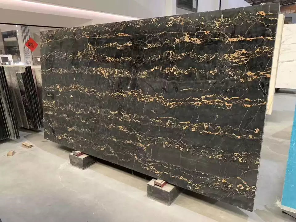 Italy Black Marble Slabs Black Portoro Marble With Golden Veins Flower Flooring Tiles