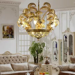 Luxury Design Dining Room Bedroom Gold Leaf Shape Pendant Light Vintage Brass Chandelier