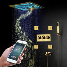 Cargar imagen en el visor de la galería, Luxury Music Hot and Cold Brass Bath Systems Titanium Gold Thermostatic Mixer Trim Kit LED Rainfall Complete Shower Faucet Set
