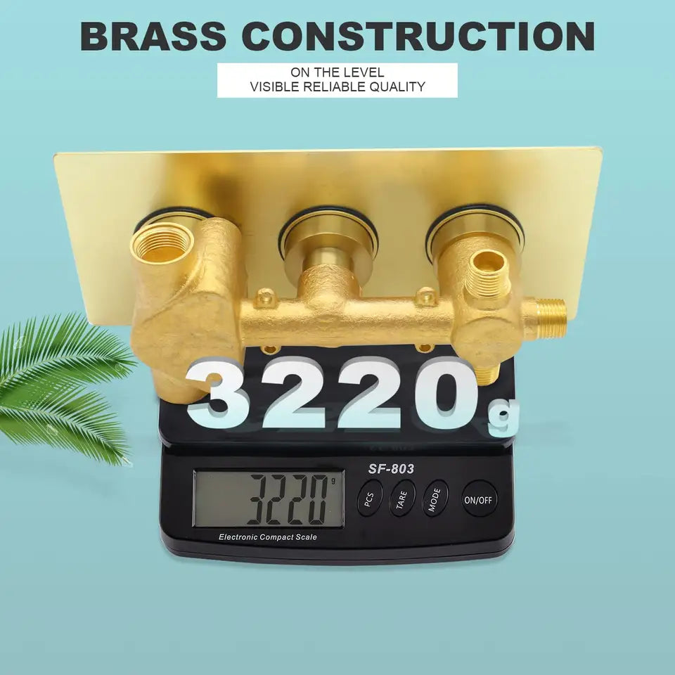 16 Inches Brushed Gold Bathroom Shower System LED Rainfall Shower Combo Set Wall Mounted