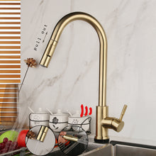 Load image into Gallery viewer, kitchen elbow faucet single hole brass brushed gold kitchen faucet with Pullout Sprayer
