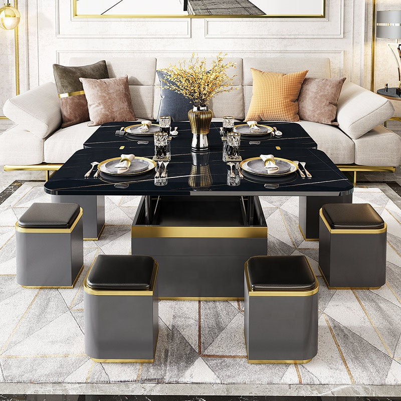 Luxury multifunctional lifting Table marble black coffee table with 6 stools