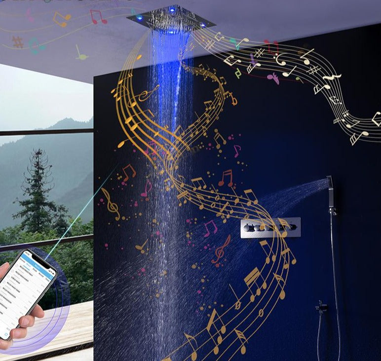 15inch Shower Head Built in Ceiling Shower with Led Lights Stainless Steel Bluetooth Speaker Built In