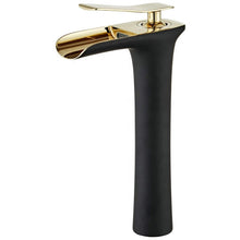 Load image into Gallery viewer, Tall gold bathroom black basin faucet with waterfall spout
