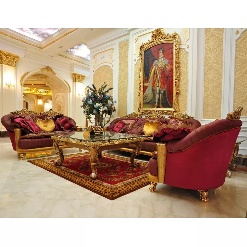Luxury European Style Villa Classic Gold Color Solid Wood Royal Hand Carved Fabric Sofa Set