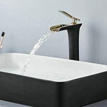 Load image into Gallery viewer, Tall gold bathroom black basin faucet with waterfall spout
