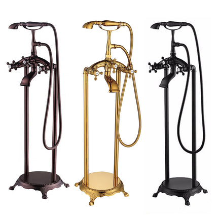 Bathroom Brushed Gold Floor Mount Free Standing Bathtub Faucet Shower System Set