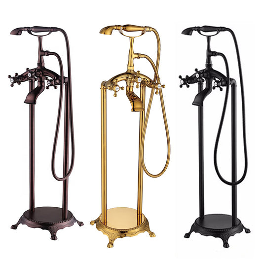 Bathroom Brushed Gold Floor Mount Free Standing Bathtub Faucet Shower System Set