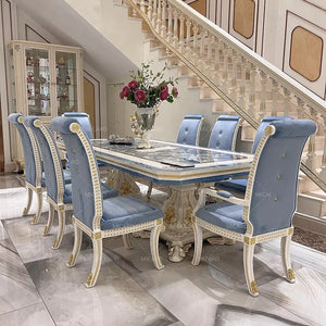 Luxury Italian European classic French country royal style solid wooden carving rectangular dining table and chairs set