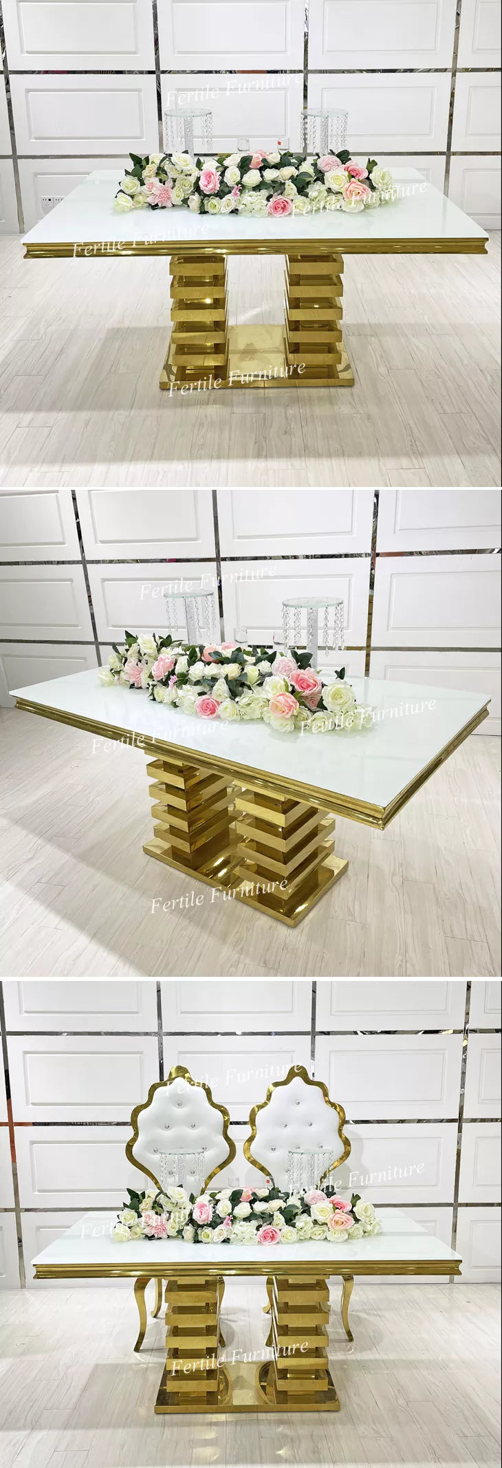 White tempered glass top metal sweetheart royal design dining table sets