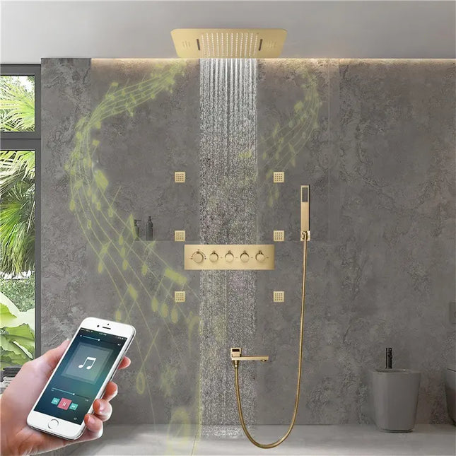 Ensemble de robinetterie encastrée au plafond avec pommeau de douche LED SUS304 de 23 x 15 pouces et système audio intégré, effet pluie et cascade. 