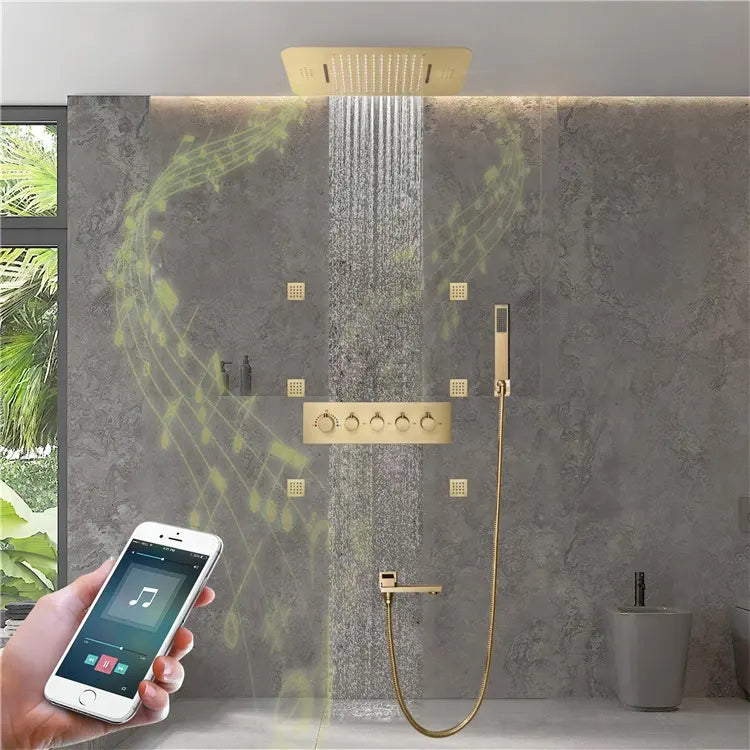 SUS304 23*15 Inch Led Shower Head with Music System Rain and Waterfall Shower Ceiling Embedded Bathroom Shower Faucet Set