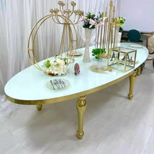 Load image into Gallery viewer, Golden Stainless steel Event furniture big Oval glass top wedding dining table
