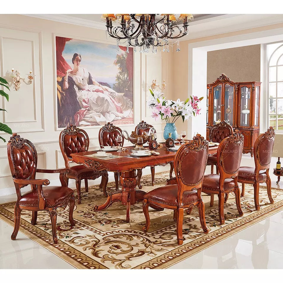 Luxury French royal European classic solid wood carved timber dining room furniture 8 seater chair dining table set