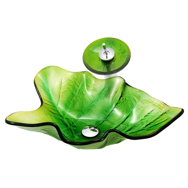 Green Unique Design Vanity Top Glass Face Wash Water Basin Toilet Sink with Tap Glass Basin Vanity Tempered