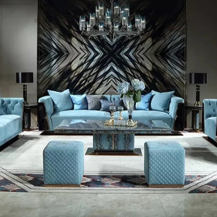 Luxuriöses Wohnzimmer-Sofa-Set aus hochglänzendem Echtleder, lackiertem Teakholzfurnier 