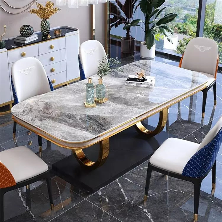 Stainless Steel Long Restaurant Dining Table Electroplated Gold Slate Marble
