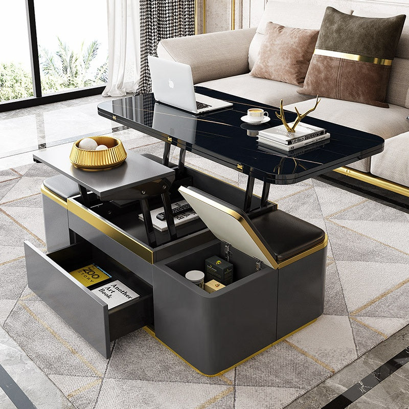 Luxury multifunctional lifting Table marble black coffee table with 6 stools