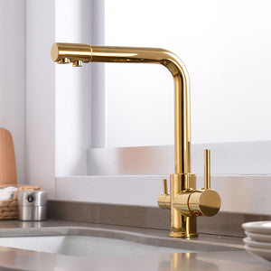 Gold 360 Degree Turn Long Neck Brass Body Two Handle Kitchen Table Sink Filtered Waterway Faucet Tap