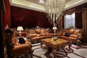 luxury Italian classic style cherry color genuine leather wooden carved living room furniture sofa sets