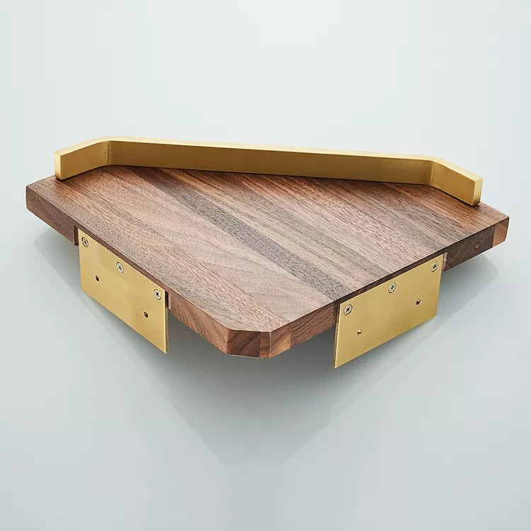 Brushed Gold Walnut Wooden Corner Basket Shower Caddy Shelf Wall Bathroom Shower Corner Caddy Shelf