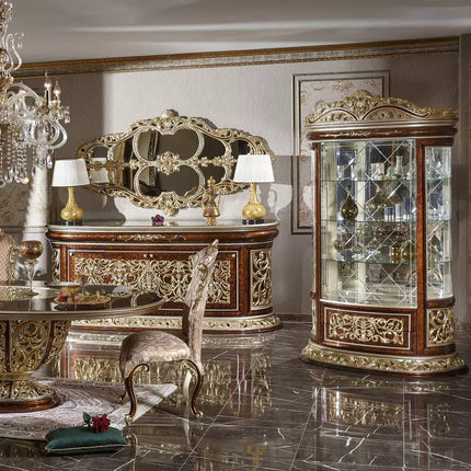 Ensemble de salle à manger de luxe : table ronde sculptée à la main dans un style italien avec feuille d'or et mobilier de salle à manger de luxe 