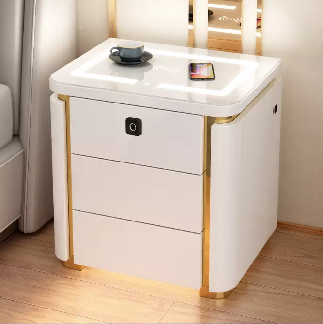 Led bedside table with top glass touch light, wireless charging, usb port bedside cabinet For bedroom