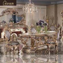 Load image into Gallery viewer, European solid wood luxury dining table and chair combination marble dining table oak rectangular French noble champagne gold
