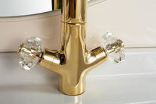 Load image into Gallery viewer, Deck Mounted dual crystal handle Golden basin faucet on stage basin sink
