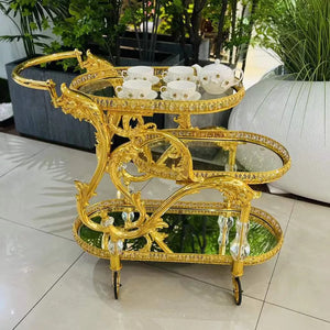 European Classic Trolley Wedding Decoration Golden Dining Cart Luxury Bar 3-Floor Trolley