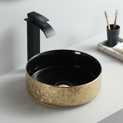 Luxury design high quality counter top hotel decor small lavabo round ceramic bathroom sink black and gold hand wash