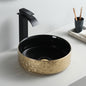 Luxury design high quality counter top hotel decor small lavabo round ceramic bathroom sink black and gold hand wash