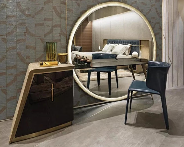 Big Round Mirror Bedroom Make up Table Luxury Modern Dressing Table Leather Dressing Vanity Table with Drawer