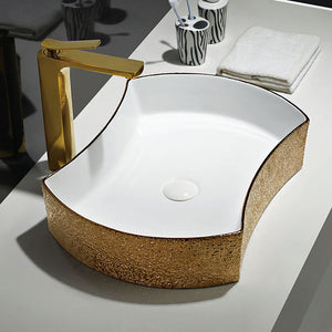 Gold bnd white table top modern design washbasin riche gold hand wash basin bathroom luxury ceramic vessel sink