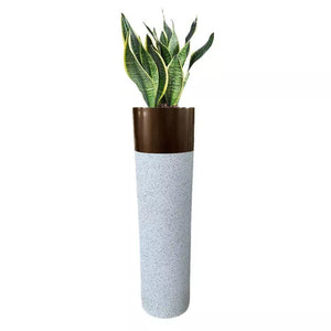 White Grey Natural Stone Big Cylinder Shape Flower Pot With Bronze Rim