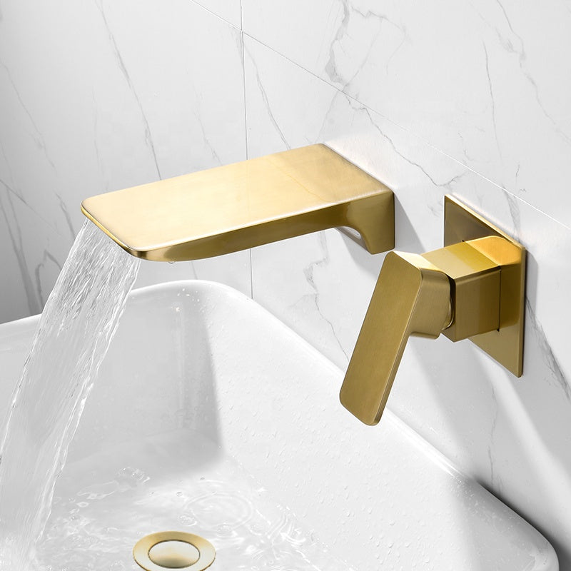 Brushed gold Wall mounted waterfall basin faucet with drain bathroom sink accessories