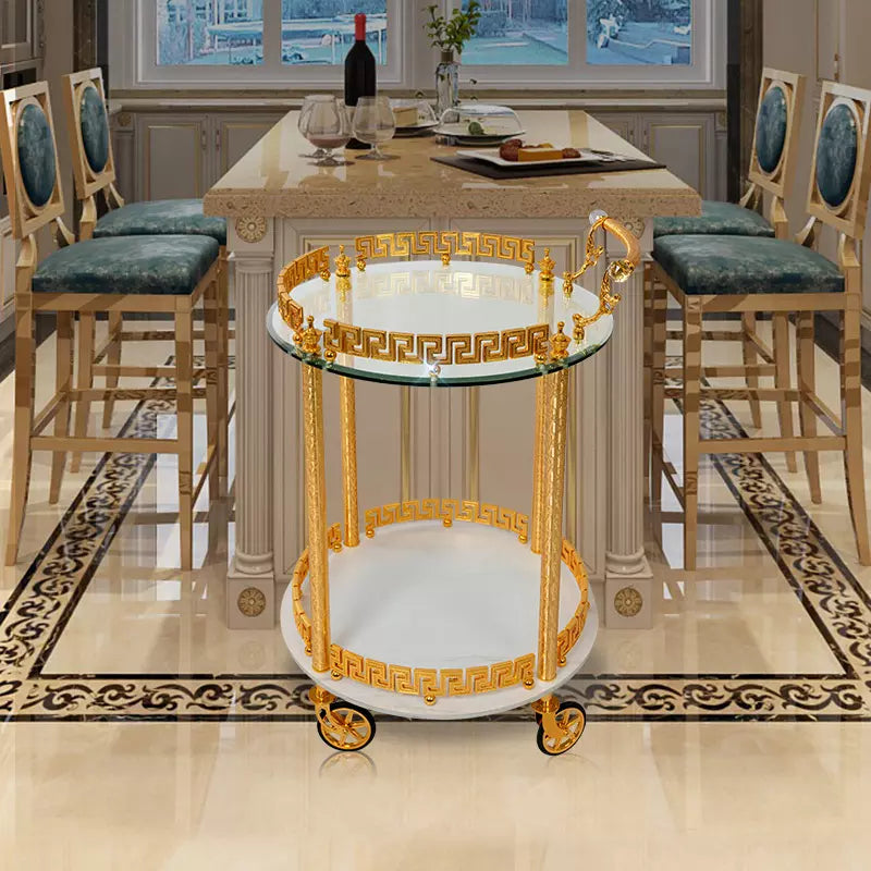 European Elegant White Rock Slab Dining Cart Wedding Decoration Hotel Family Trolleys Luxury Golden Copper Dining Cart