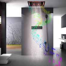 Load image into Gallery viewer, 15inch Shower Head Built in Ceiling Shower with Led Lights Stainless Steel Bluetooth Speaker Built In
