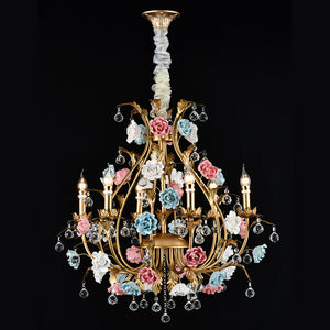 Floral Ceramic Iron Chandelier Pendant Light Crystal