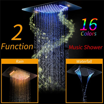 SUS304 23*15 Inch Led Shower Head with Music System Rain and Waterfall Shower Ceiling Embedded Bathroom Shower Faucet Set