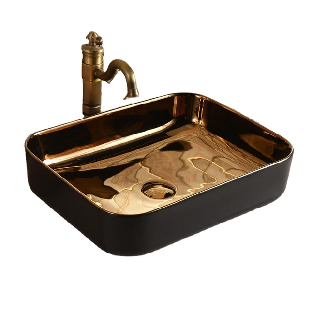 Basin Gold Black Matte Electroplated Porcelain Rectangular Shape Countertop Basin for Bathroom Wash Basin Sink