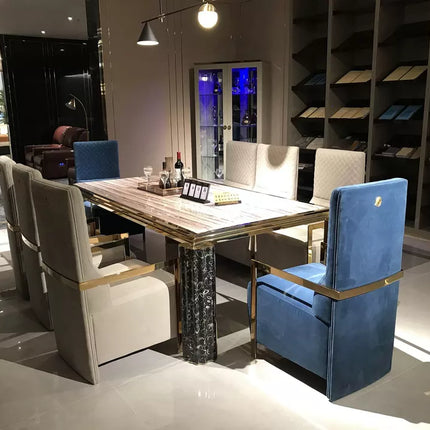 Ensemble de table à manger 8 places de luxe moderne avec mobilier en bois, marbre et cuir 