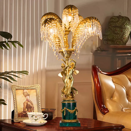 Retro Luxury Full Copper Angels Marble Base Desk Light Bedroom Living Room Led Brass Table Lamp