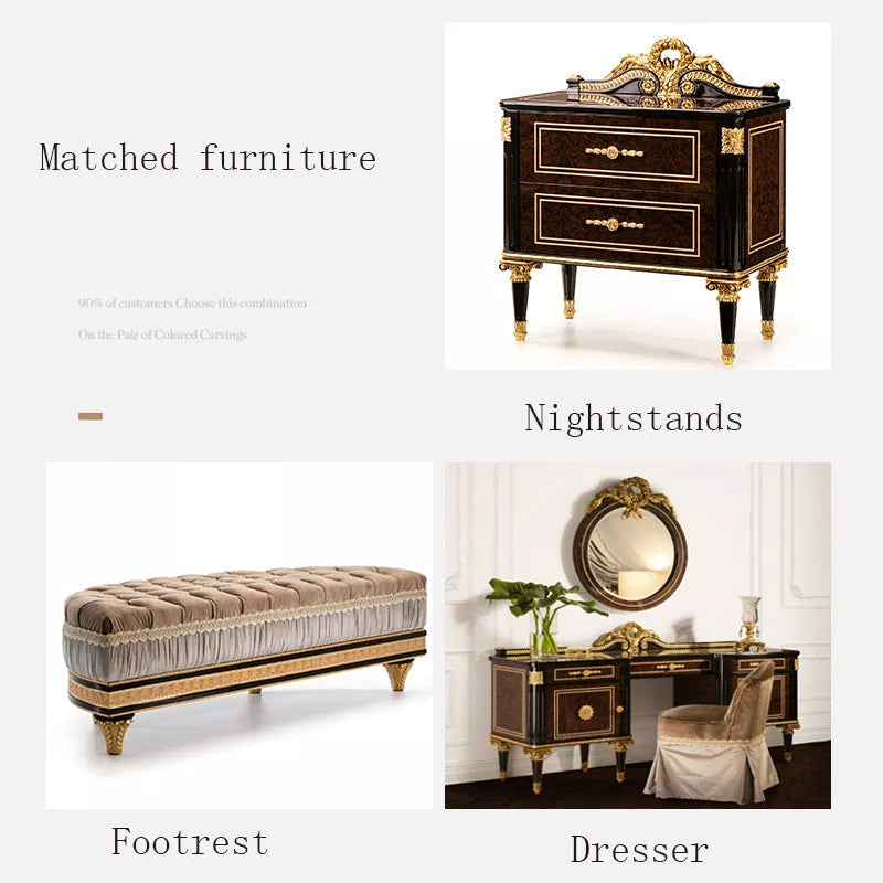 Modern european Italian French solid wood genuine leather bed Fashion Carved luxurious bed french bedroom furniture