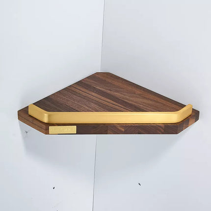 Brushed Gold Walnut Wooden Corner Basket Shower Caddy Shelf Wall Bathroom Shower Corner Caddy Shelf
