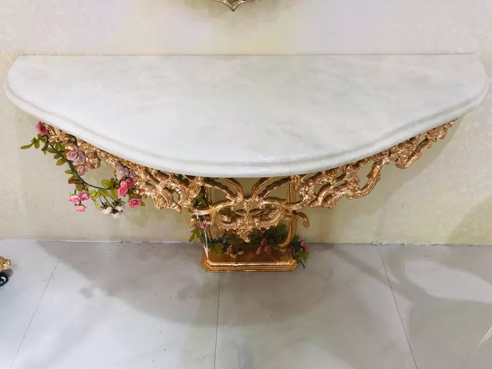 French Deluxe Palace-style Vintage Marble-topped Golden Copper Console With Holway Matching Wall Mirror