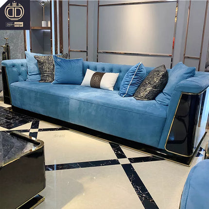 Luxuriöses Wohnzimmer-Sofa-Set aus hochglänzendem Echtleder, lackiertem Teakholzfurnier 