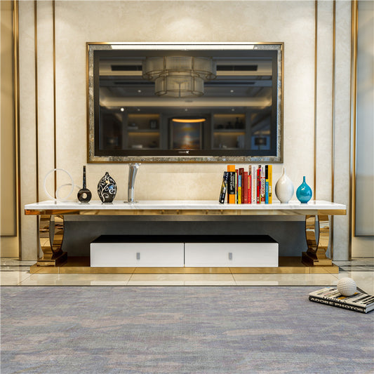 Modern Tv Cabinet Stainless Steel and Sintered Stone Marble Look Top with Cabinet