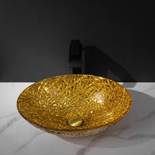 Cargar imagen en el visor de la galería, Golden Oval Shaped Bowl Artistic Color Tempered Glass All in One Italian Commercial Bathroom Sink and Countertop
