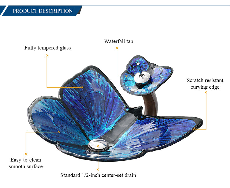 Table Top Butterfly Set Wash Basin Sink Countertop Blue with Faucet